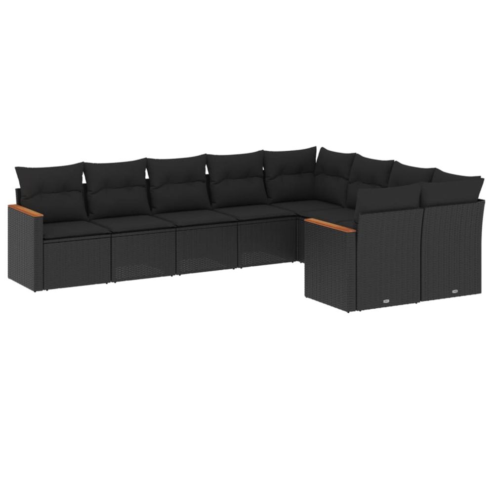 Salon de jardin 9 pcs avec coussins noir résine tressée