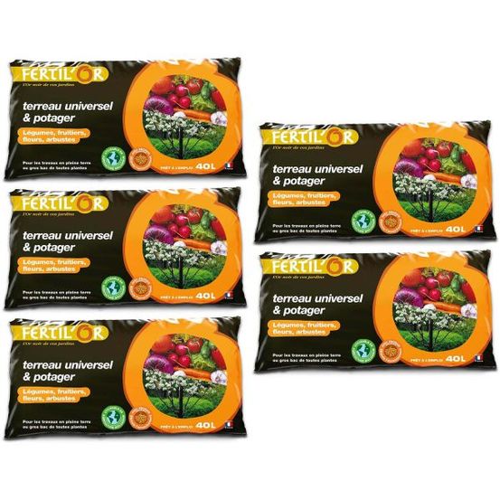Terreau universel et potager pleine terre ou bac 40 litres lot de 5