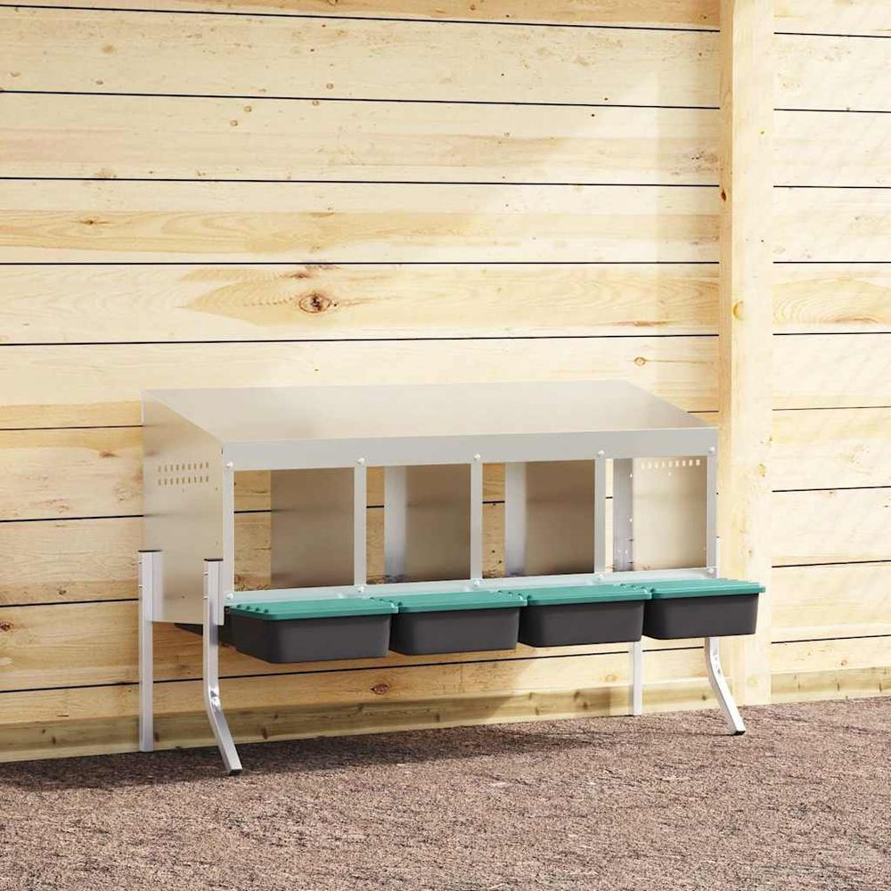 Pondoir nichoir 4 compartiments acier pour poules avec pieds ajustables et toit 110cm argent
