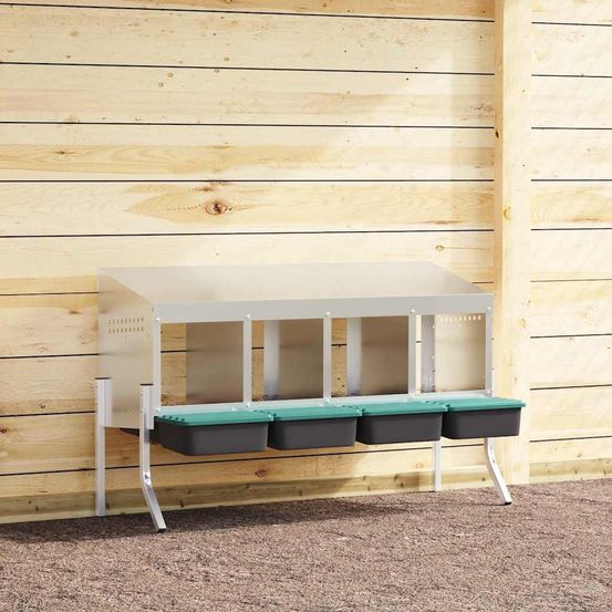 Pondoir nichoir 4 compartiments acier pour poules avec pieds ajustables et toit 110cm argent