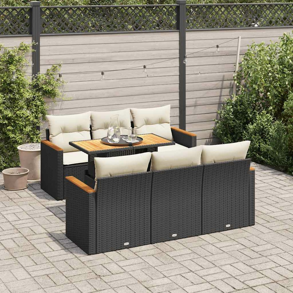 Salon de jardin avec coussins 7 pcs noir résine tressée acacia