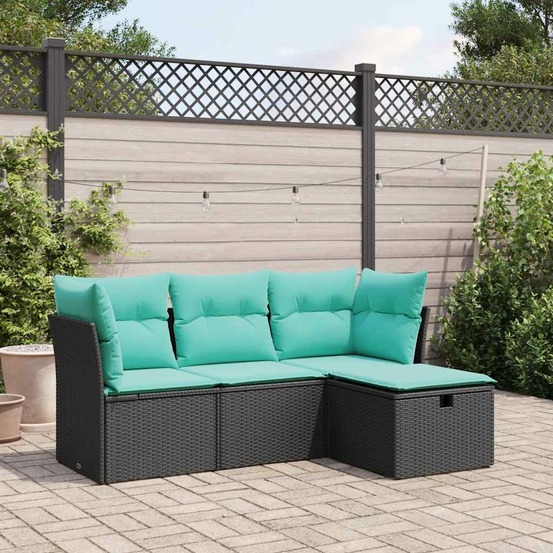 Salon de jardin 4 pcs avec coussins noir résine tressée