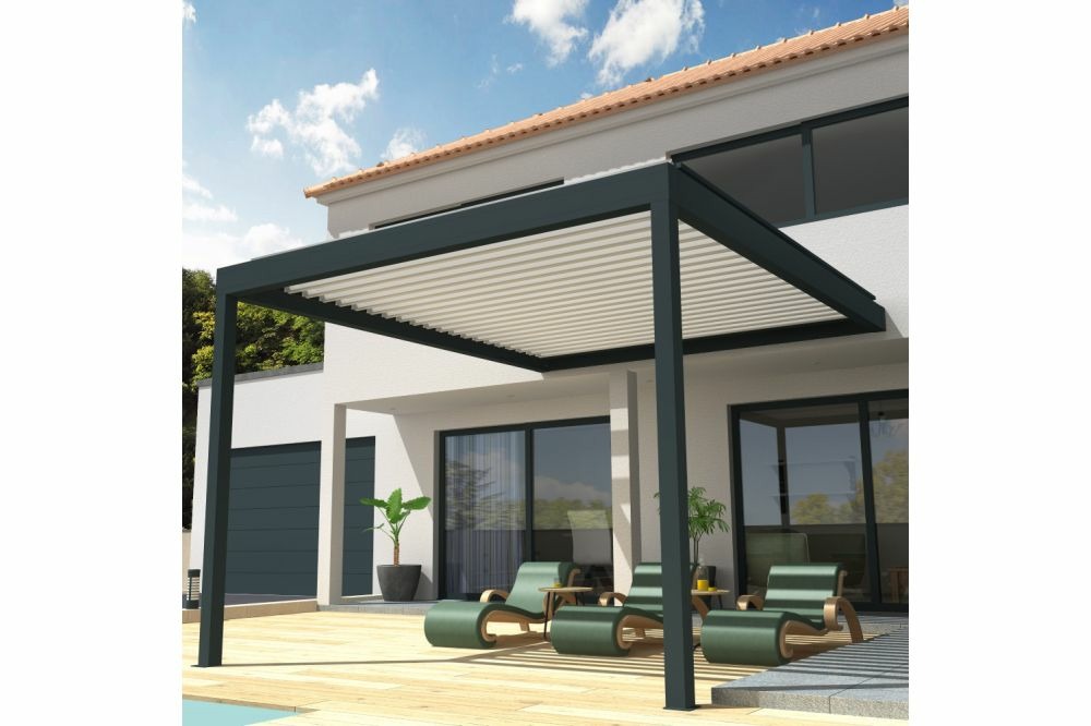 Pergola bioclimatique cocoon mixte gris anthracite / blanc 4,00x3,563m verin + led