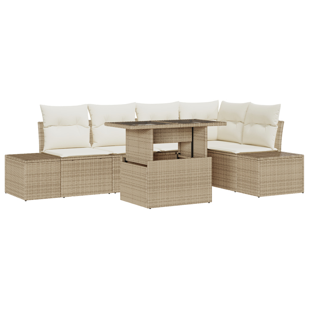 Ensemble de canapés de jardin 6 pièces avec coussins beige poly rattan