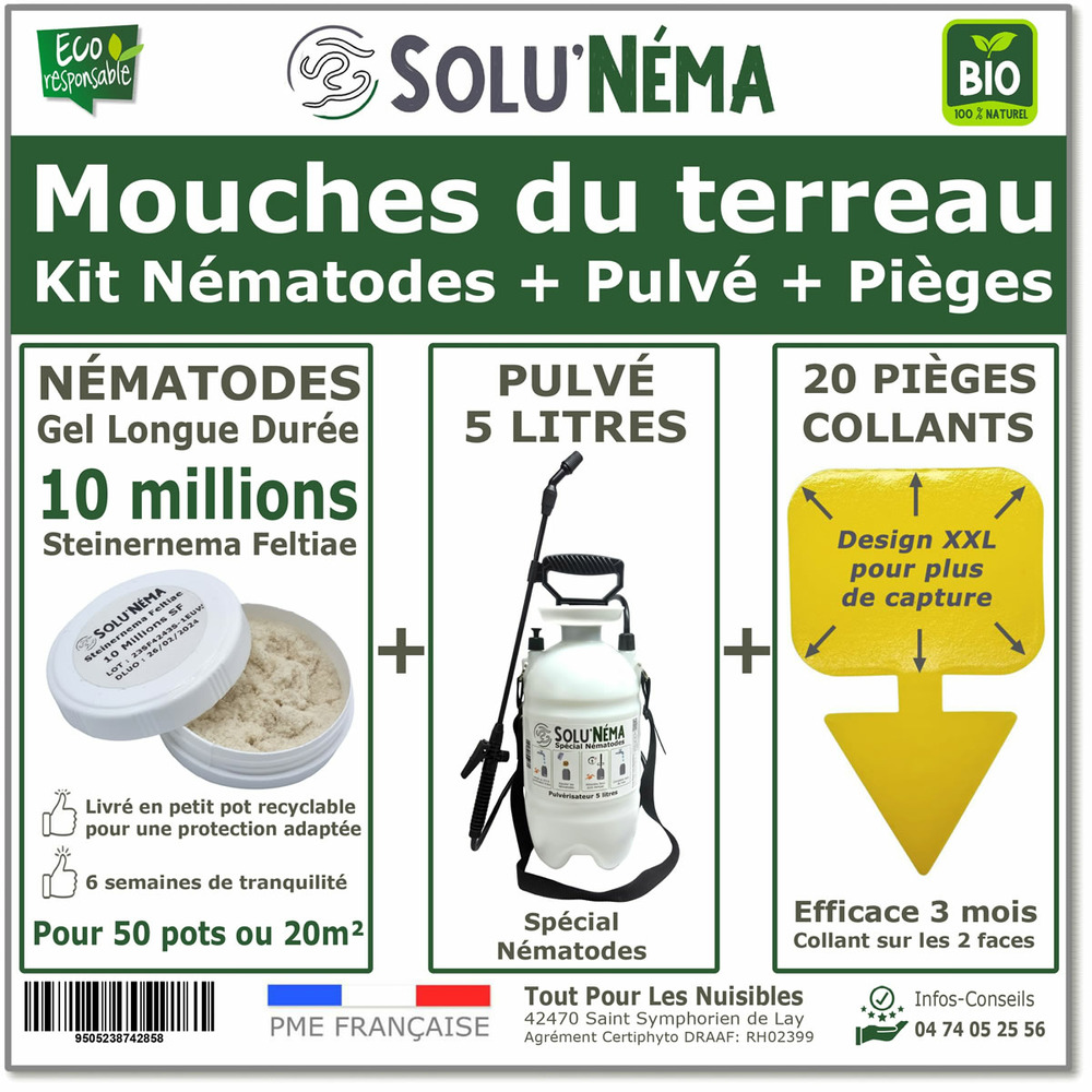 Kit complet anti-mouche du terreau - 10 millions nématodes sf + pulvérisateur 5l + 20 pièges jaunes collants xxl