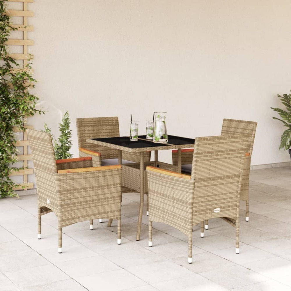 Ensemble à manger de jardin et coussins 5 pcs beige rotin verre