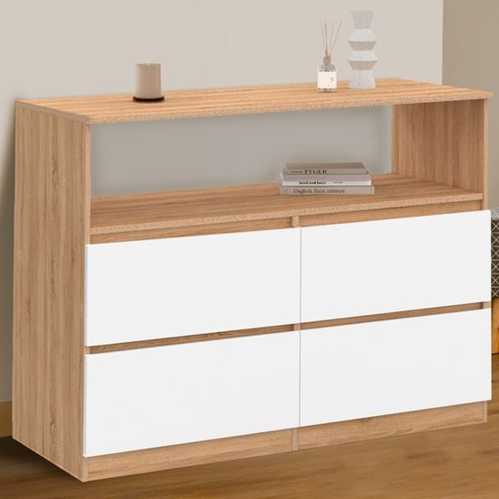 Commode 4 tiroirs tomi 100 cm avec niche façon hêtre et blanc