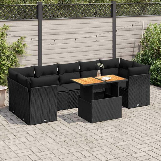 Salon de jardin 8 pcs avec coussins noir résine tressée