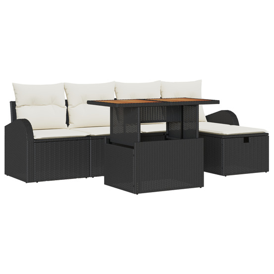 Ensemble canapé jardin 6 pièces avec coussins noir poly rattan