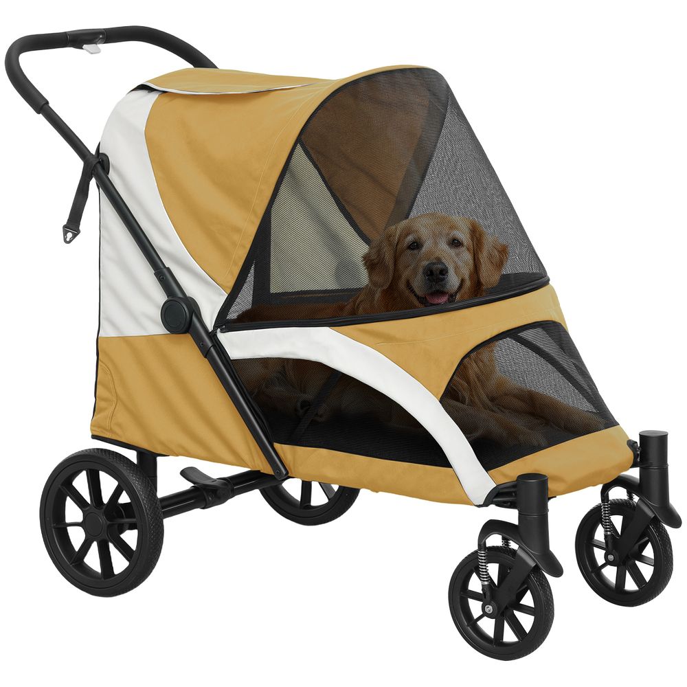 Grande poussette robuste en acier et polyester pour grands chiens pliable marron