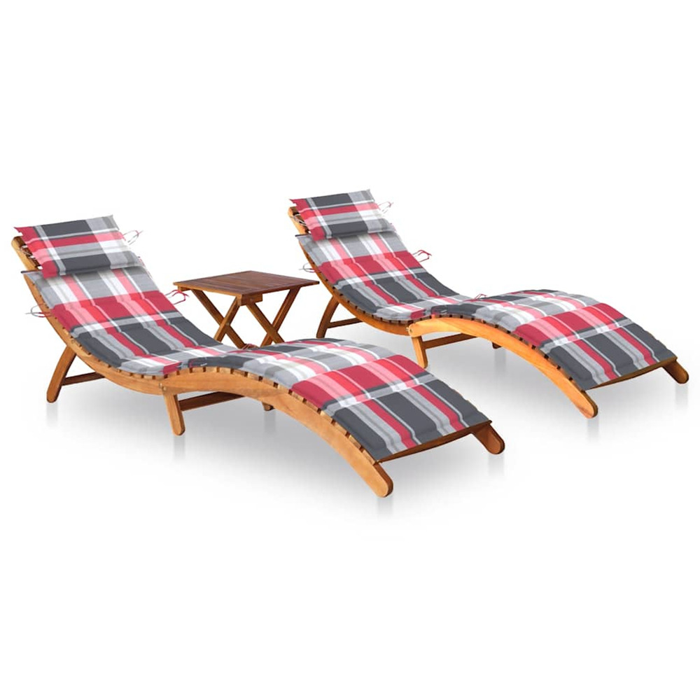Chaises longues lot de 2 avec table et coussins acacia solide