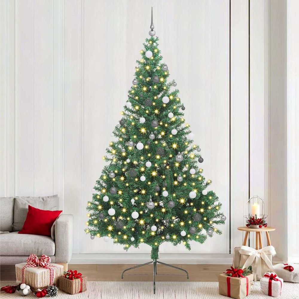 Sapin de fête artificiel 210 cm noir, avec guirlande 300 led et 120 boules assorties