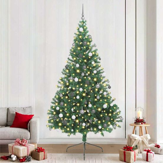 Sapin de fête artificiel 210 cm noir, avec guirlande 300 led et 120 boules assorties