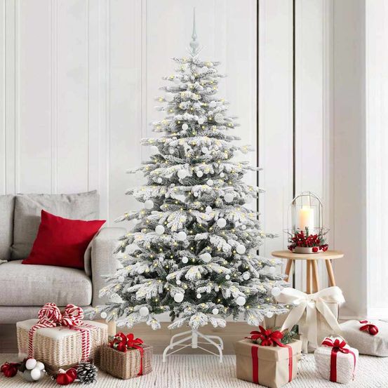 Kit sapin de noël blanc 180 cm moderne, lumineux avec led et 120 boules incluses
