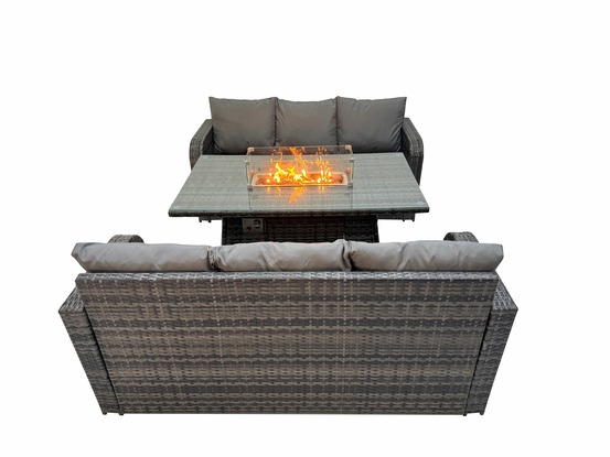 Salon de jardin avec table de foyer à gaz 3 pièces ensemble de canapés en rotin gris foncé mixte