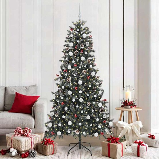 Sapin de noël décoré vert 210cm, effet neige avec guirlande 300 led et 120 boules fournies