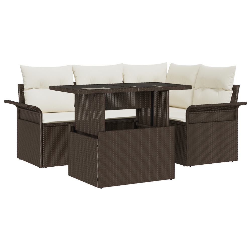 Set de canapé de jardin 5 pièces avec coussins marron poly rattan