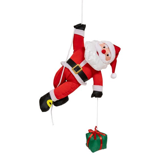 Père noël grimpeur sur corde avec paquet cadeau h 60 cm