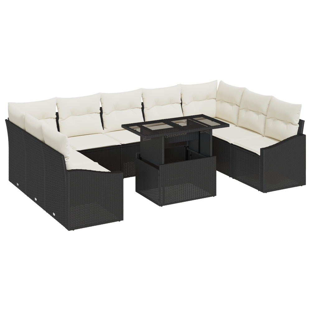 Ensemble de jardin 10 pièces avec coussins noir poly rattan