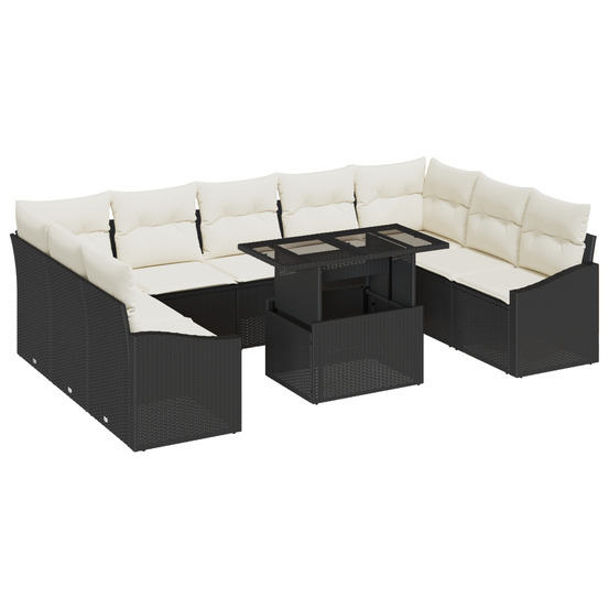 Ensemble de jardin 10 pièces avec coussins noir poly rattan