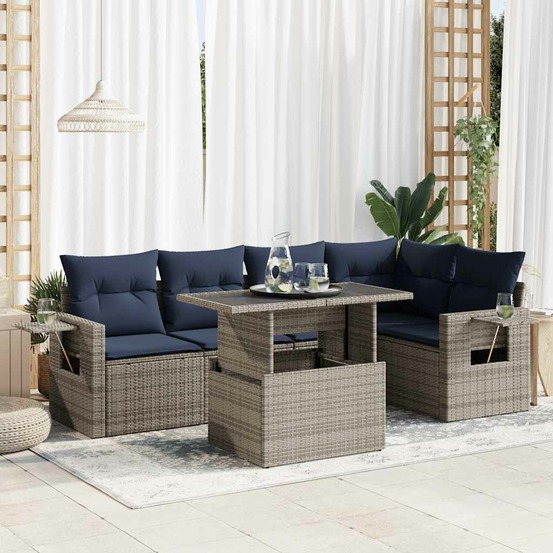 Salon de jardin avec coussins 6 pcs gris résine tressée acacia