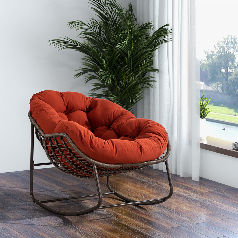 Chaise à bascule en rotin d'extérieur, fauteuil inclinable avec coussin rembourré pour porche avant, salon, patio, jardin, orange