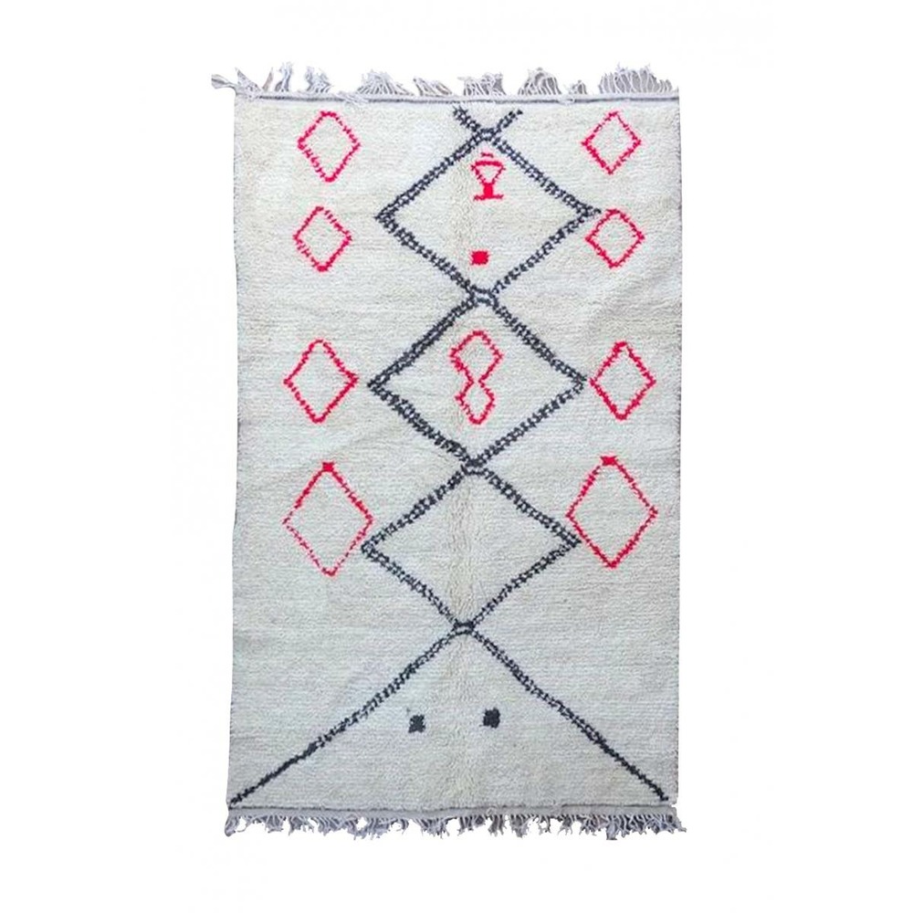 Authentique tapis berbère 155x250 fait à la main en laine crème et rouge azilal arguit