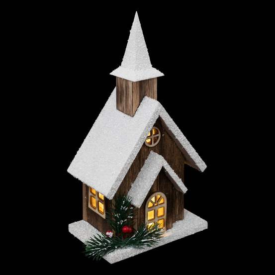Déco lumineuse église enneigée en bois led blanc chaud h 27 cm