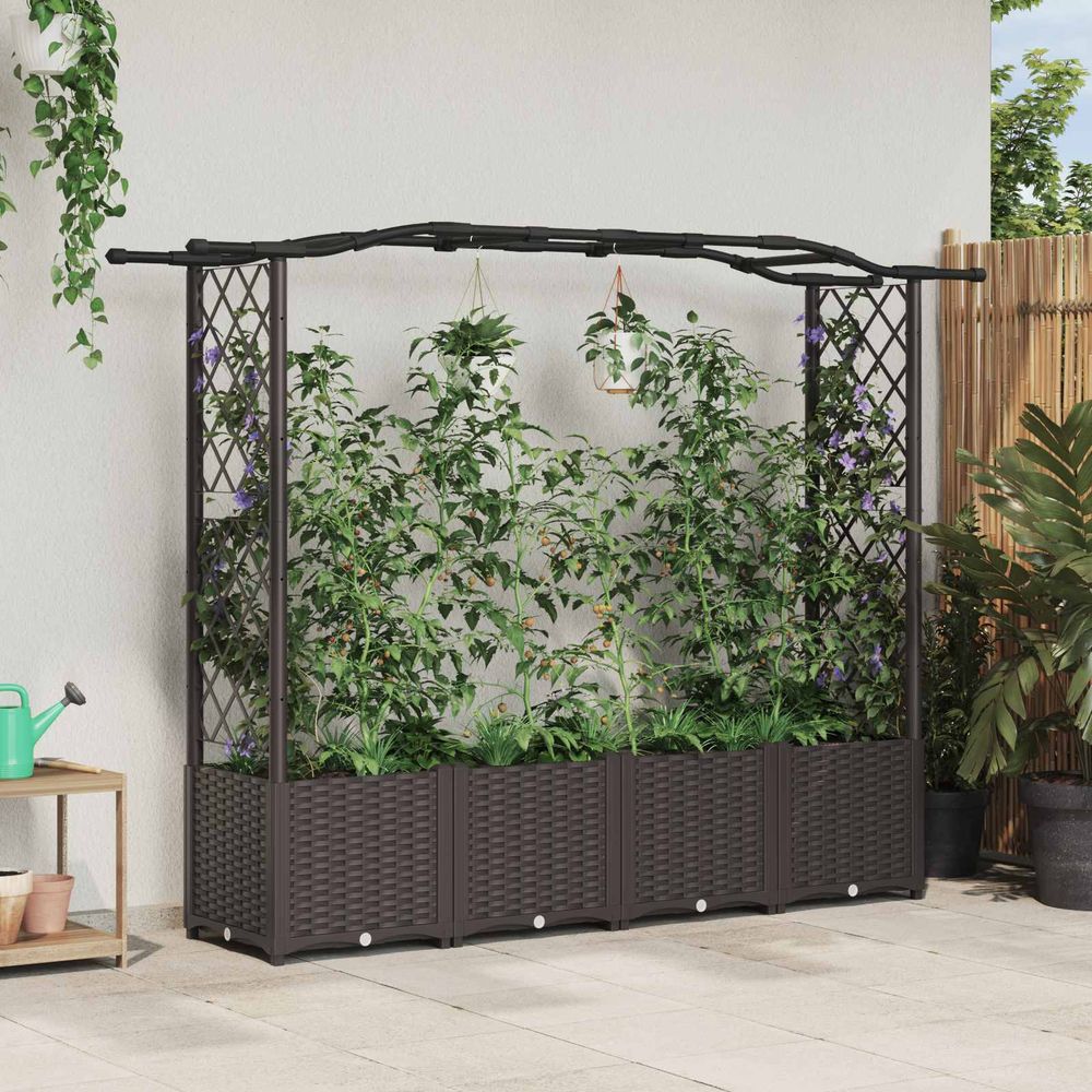 Jardinière surélevée polypropylène toit courbé treillis pour végétaux grimpants marron