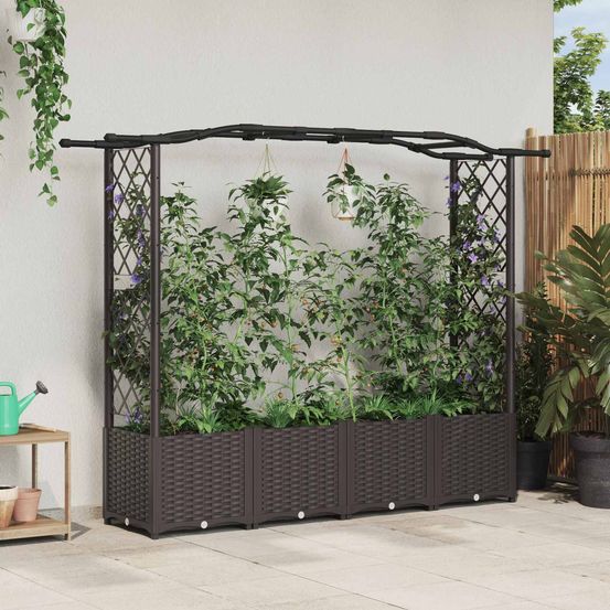Jardinière surélevée polypropylène toit courbé treillis pour végétaux grimpants marron