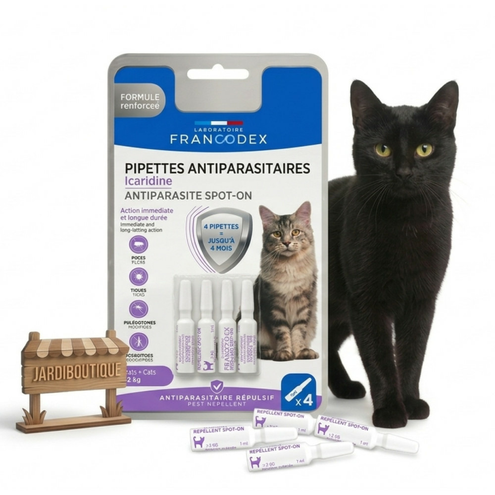 4 pipettes antiparasitaires icaridine francodex - chat plus de 2 kg