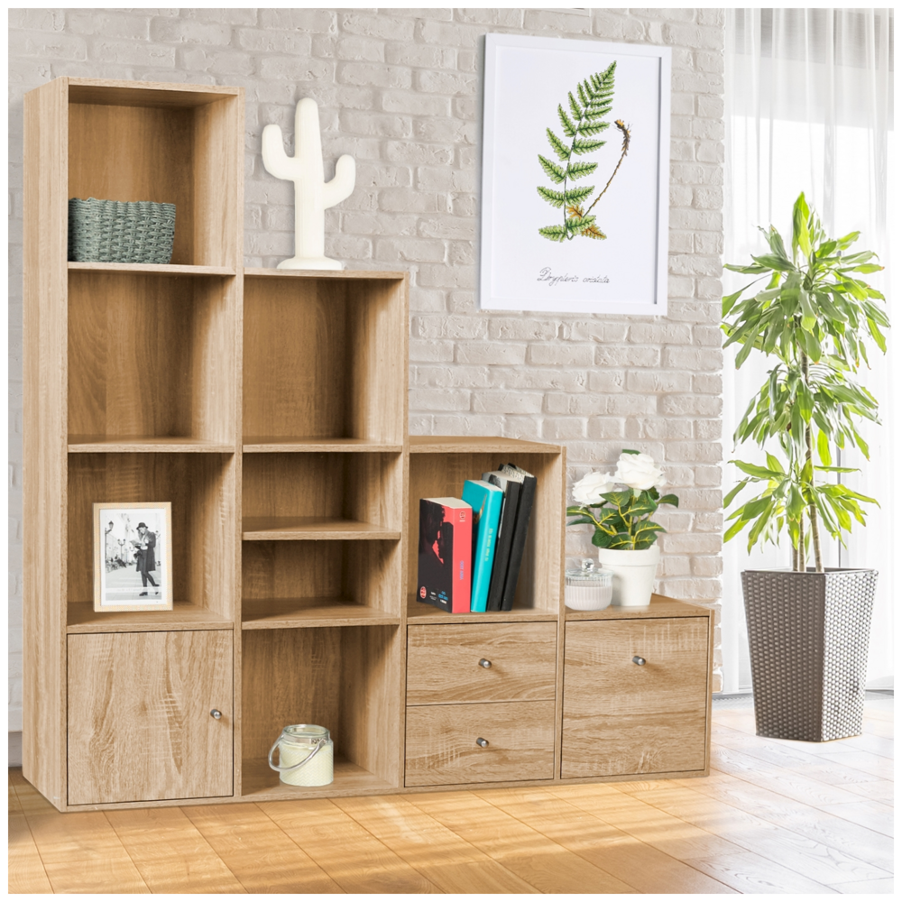 Meuble de rangement en escalier liam 4 niveaux bois façon hêtre avec porte et tiroirs