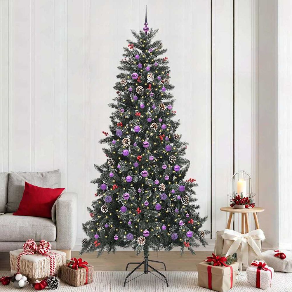 Grand sapin de fêtes 240 cm aspect neige, décoré avec 300 lumières et 120 boules