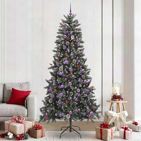 Grand sapin de fêtes 240 cm aspect neige, décoré avec 300 lumières et 120 boules