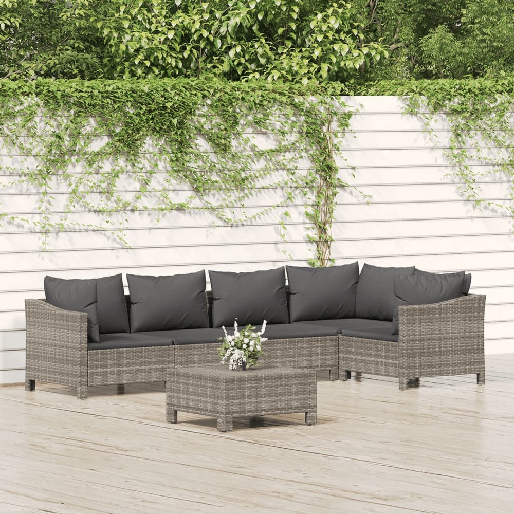 Salon de jardin 6 pcs avec coussins gris résine tressée