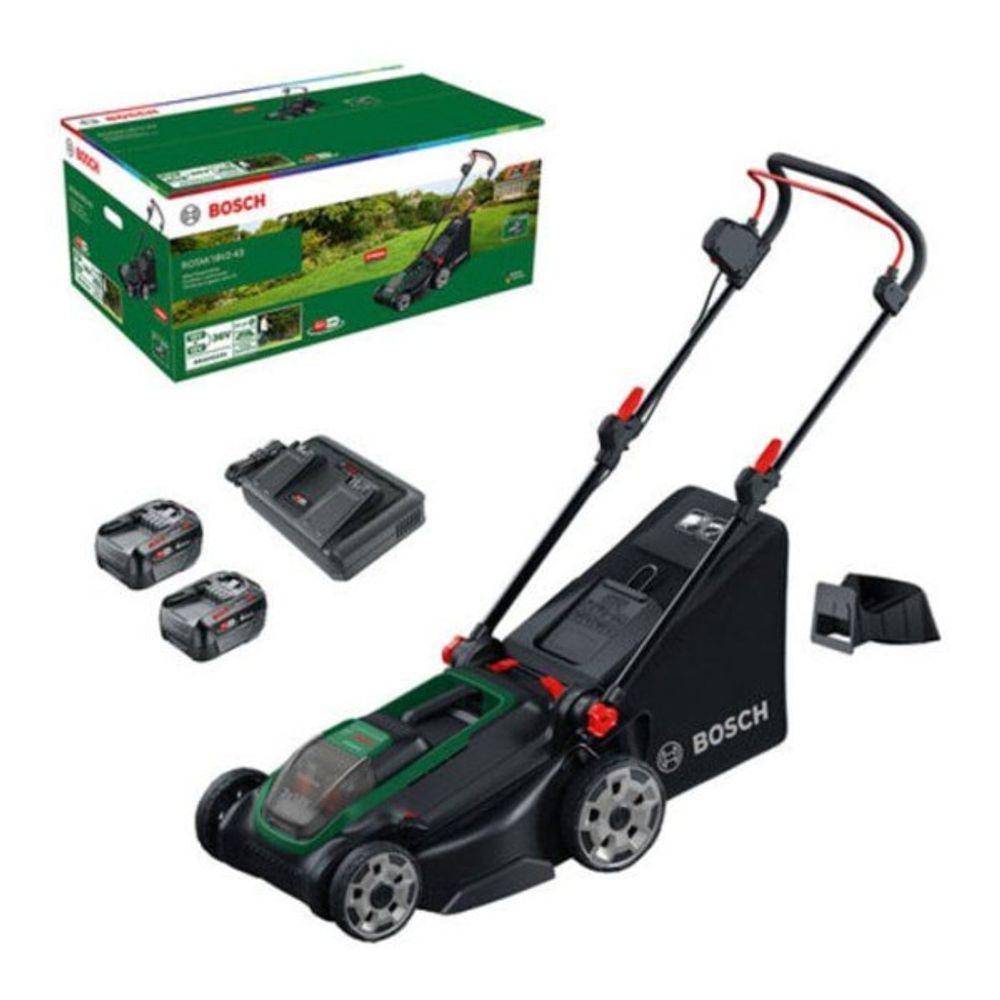 Tondeuse électrique sans fil + 2 batteries 4ah + chargeur - bosch - rotak18v2-43 - 06008b9l00 - 18v - 43cm de coupe