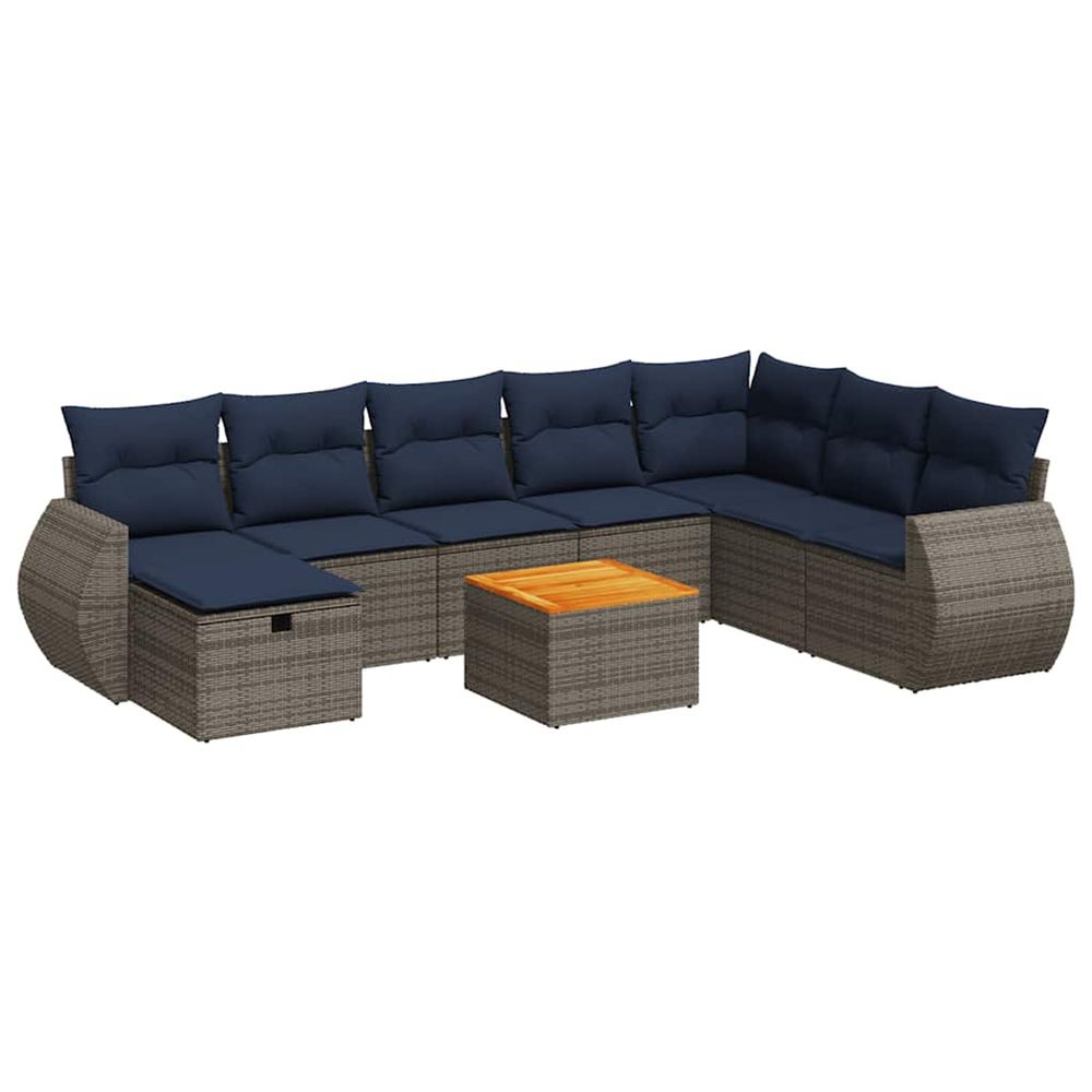 Salon de jardin 9 pcs avec coussins gris résine tressée