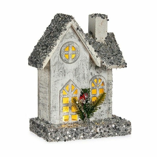 Figurine décorative noël paillettes lumière led maison 19,5 x 25 x 9 cm gris bois blanc