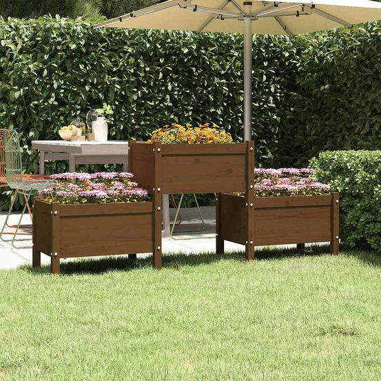 Jardinière longue multi-bacs en bois de pin massif – finition miel chaleureuse pour aménagement – 178cm brun