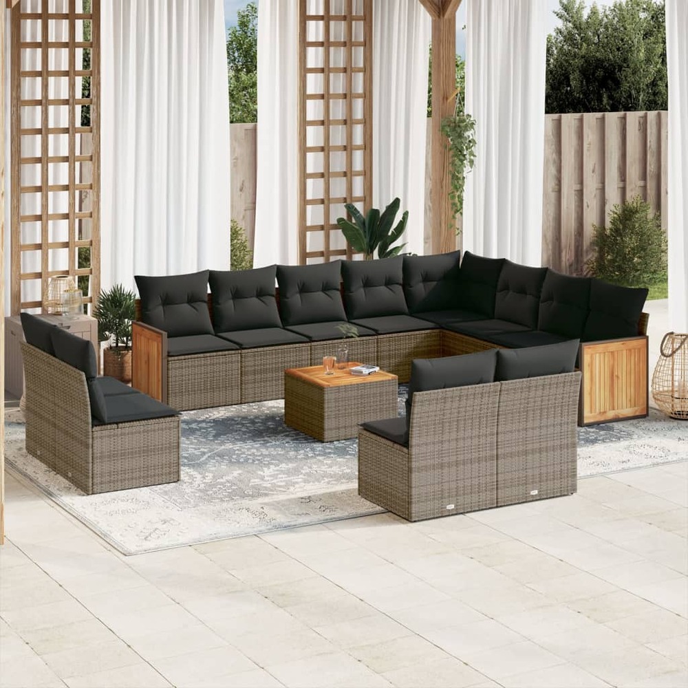 Salon de jardin avec coussins 13 pcs gris résine tressée