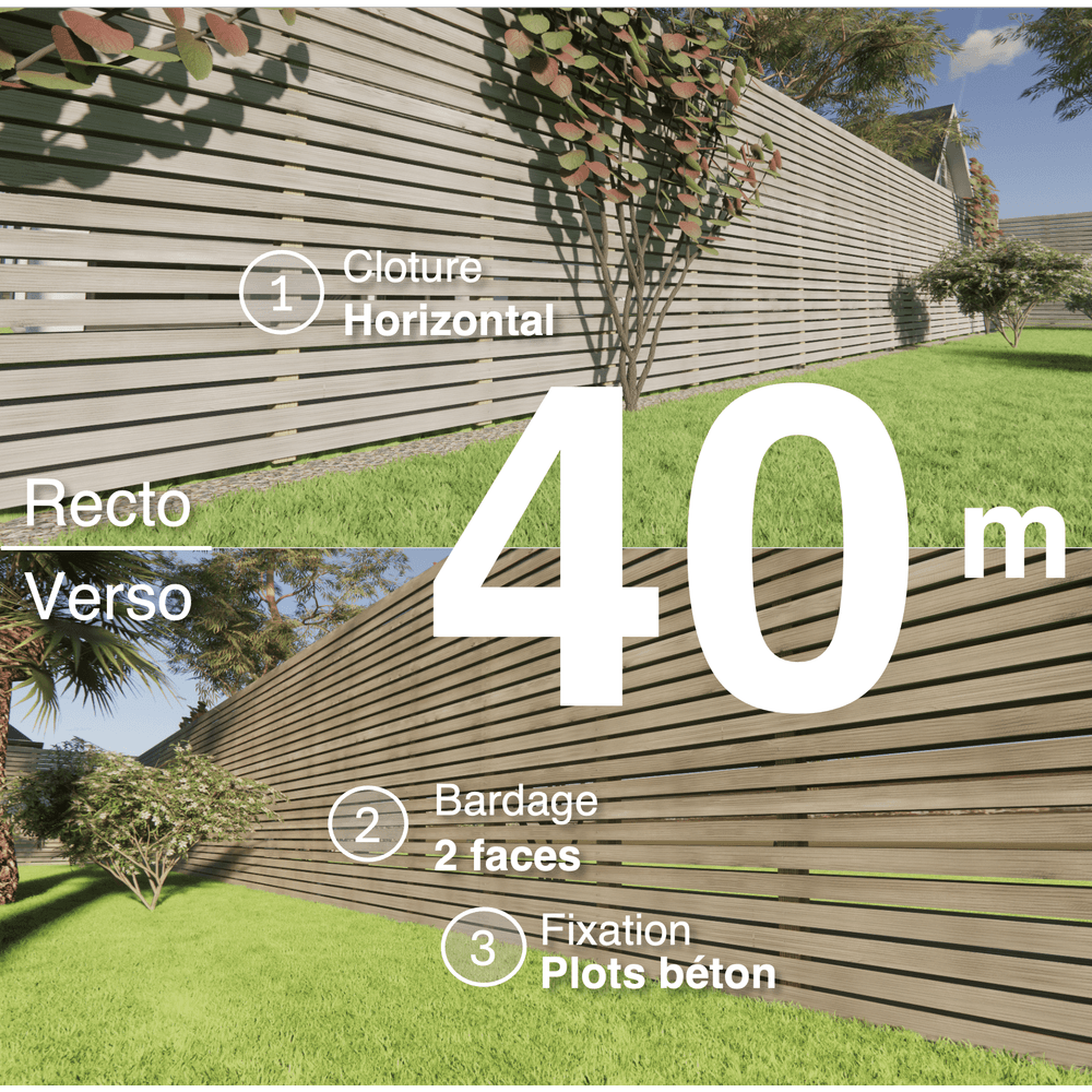 Kit clôture bois moderne 40m – h 2,3m – 20 x 70 mm autoclave gris – pose horizontal – double face – à sceller