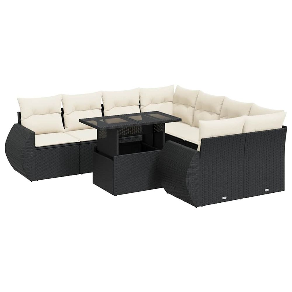 Salon de jardin 9 pcs avec coussins noir résine tressée