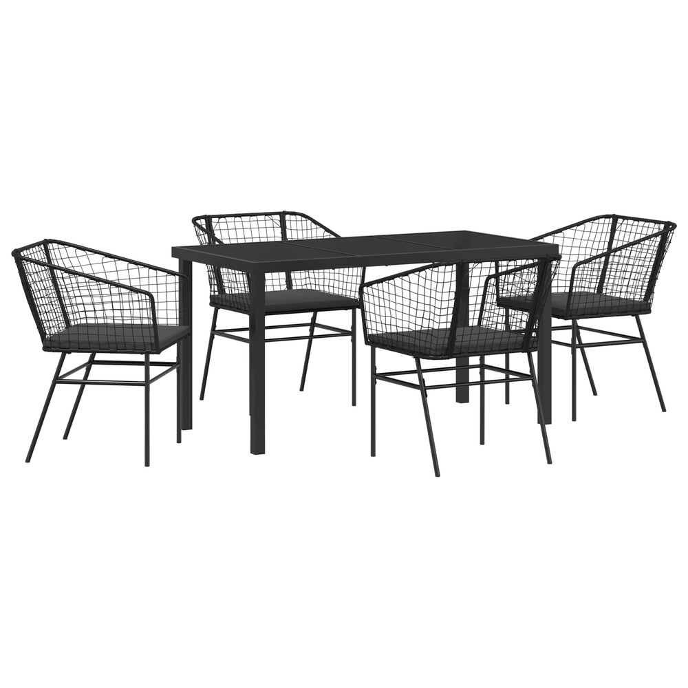 Ensemble de salle à manger de jardin de 5 pièces avec coussins en poly rattan noir