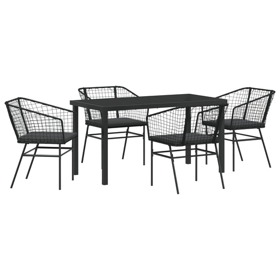 Ensemble de salle à manger de jardin de 5 pièces avec coussins en poly rattan noir