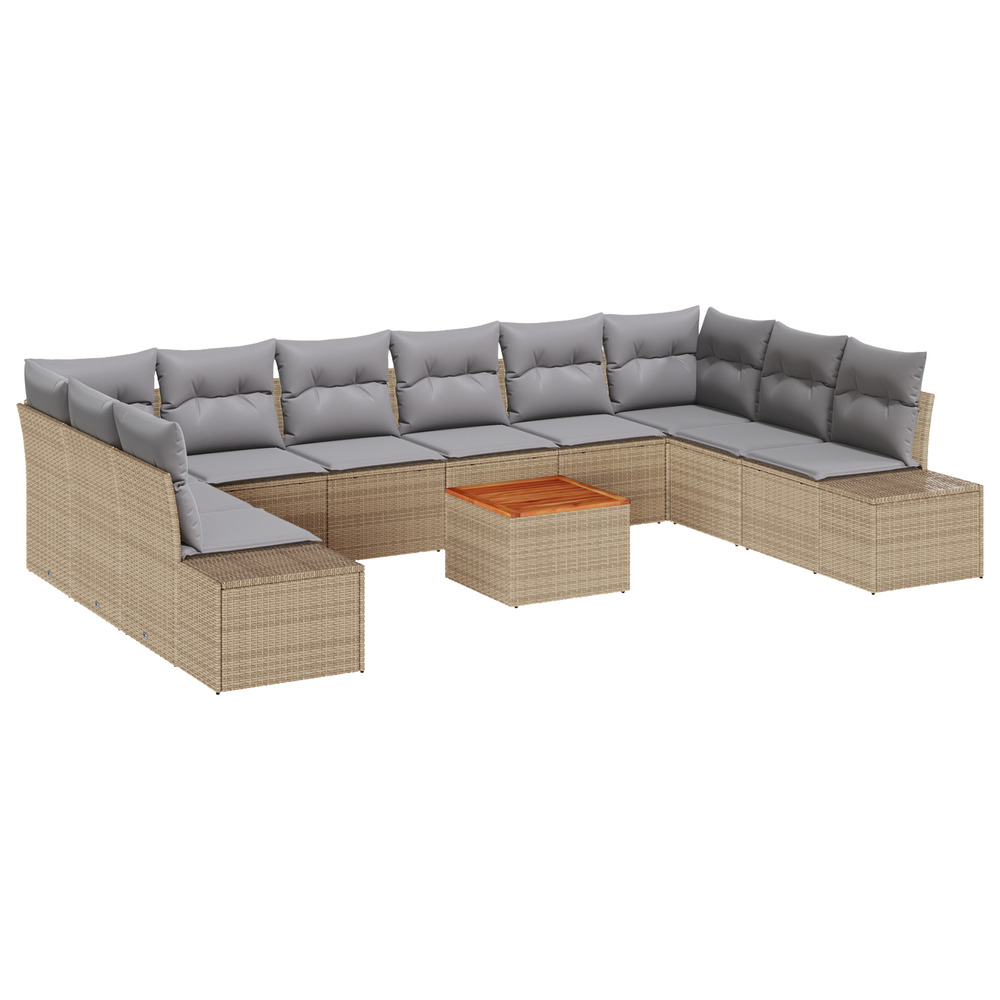 Ensemble de canapé de jardin 11 pièces avec coussins beige poly rotin acacia