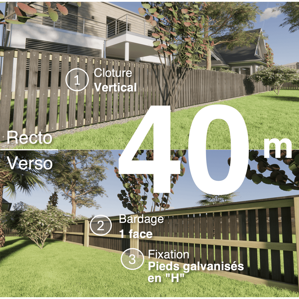 Kit clôture bois moderne 40m – h 0,9m – 20 x 70 mm noir par trempage – pose vertical – simple face – support galva