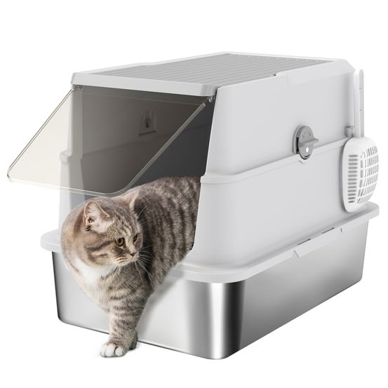 Bac à litière acier inoxydable pour grands chats anti-odeur 60.2cm gris
