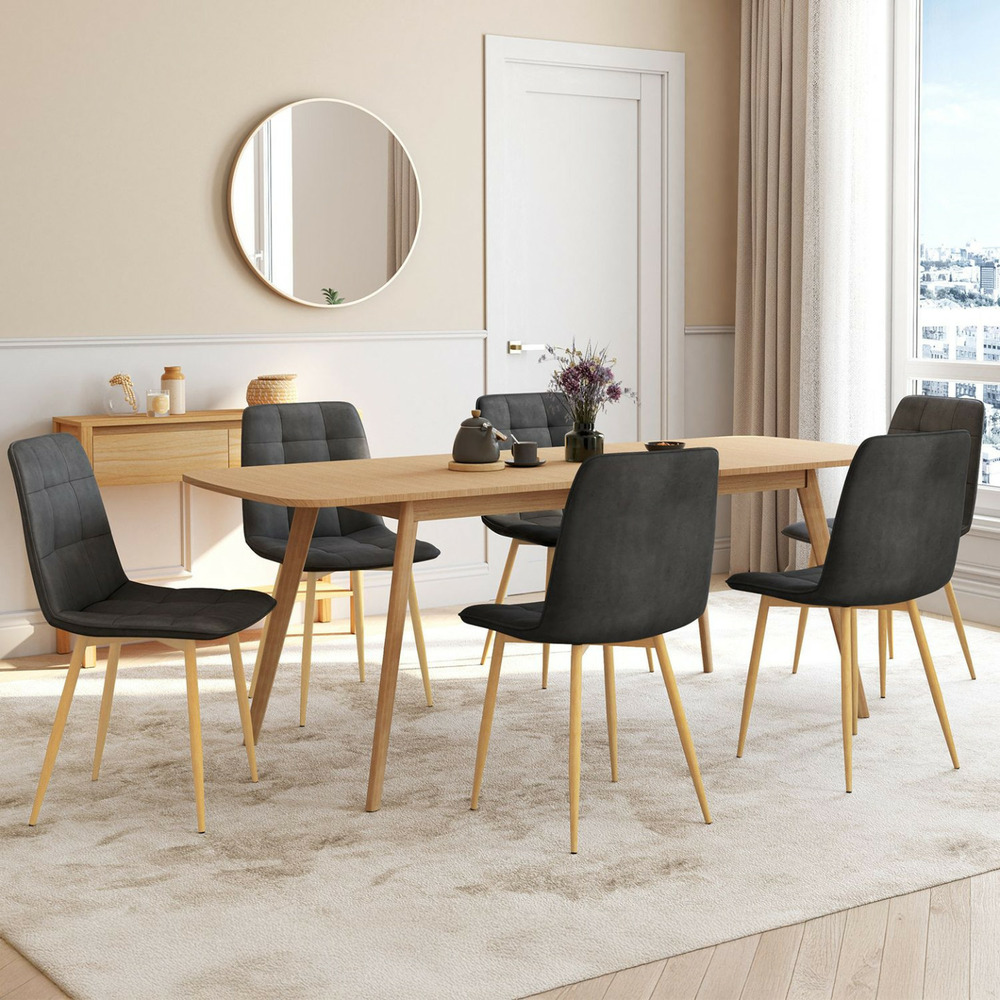 Lot de 6 chaises mila en velours gris foncé pied effet bois pour salle à manger