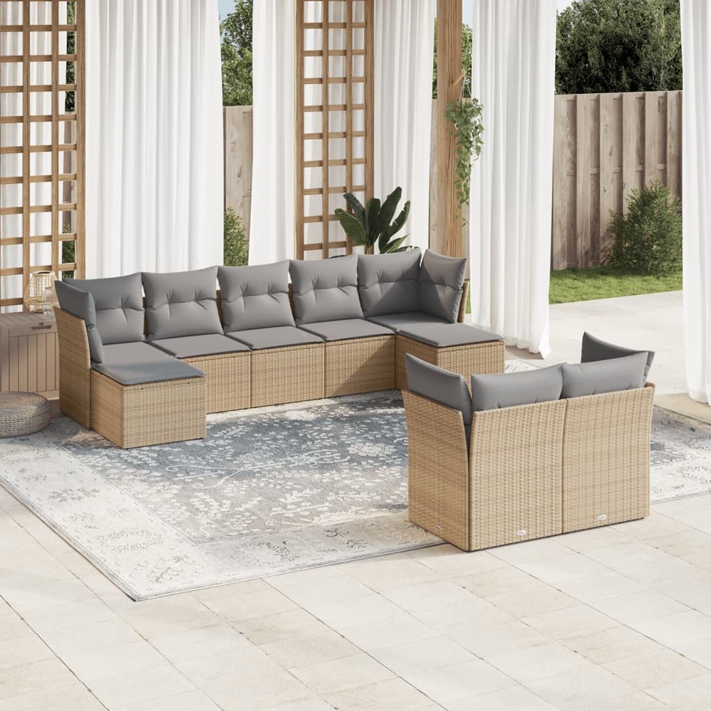 Salon de jardin avec coussins 9 pcs beige résine tressée