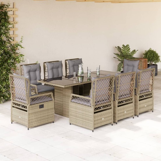Ensemble à manger de jardin et coussins 9 pcs beige poly rotin